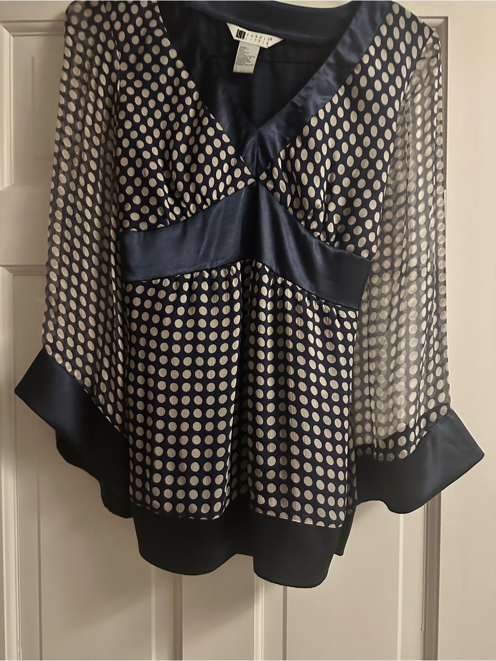Carole Little Navy/ Ivory Polka Dot V-Neck Blouse with Satin Trim and tie back
